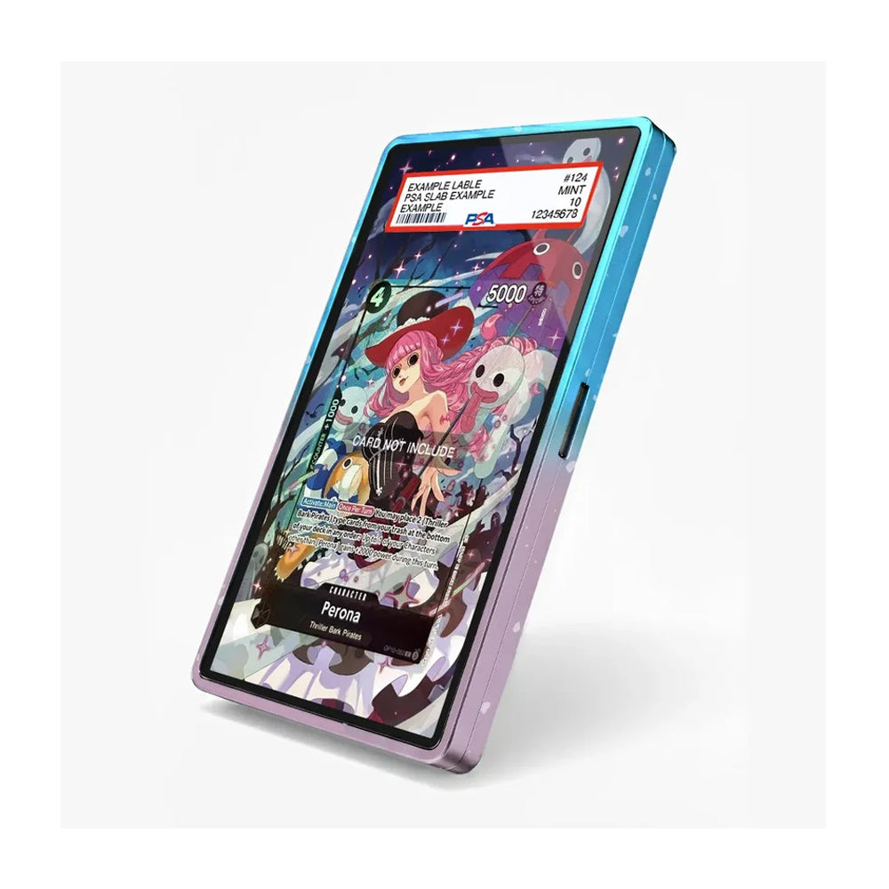 A smartphone shown at an angle on a light gray background, featuring a colorful anime-style wallpaper with a blue-to-purple gradient frame and a sample status card overlay at the top.