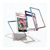 Three clear acrylic card protectors with colorful printed borders are displayed floating around a graded PSA card case on a clean white background.