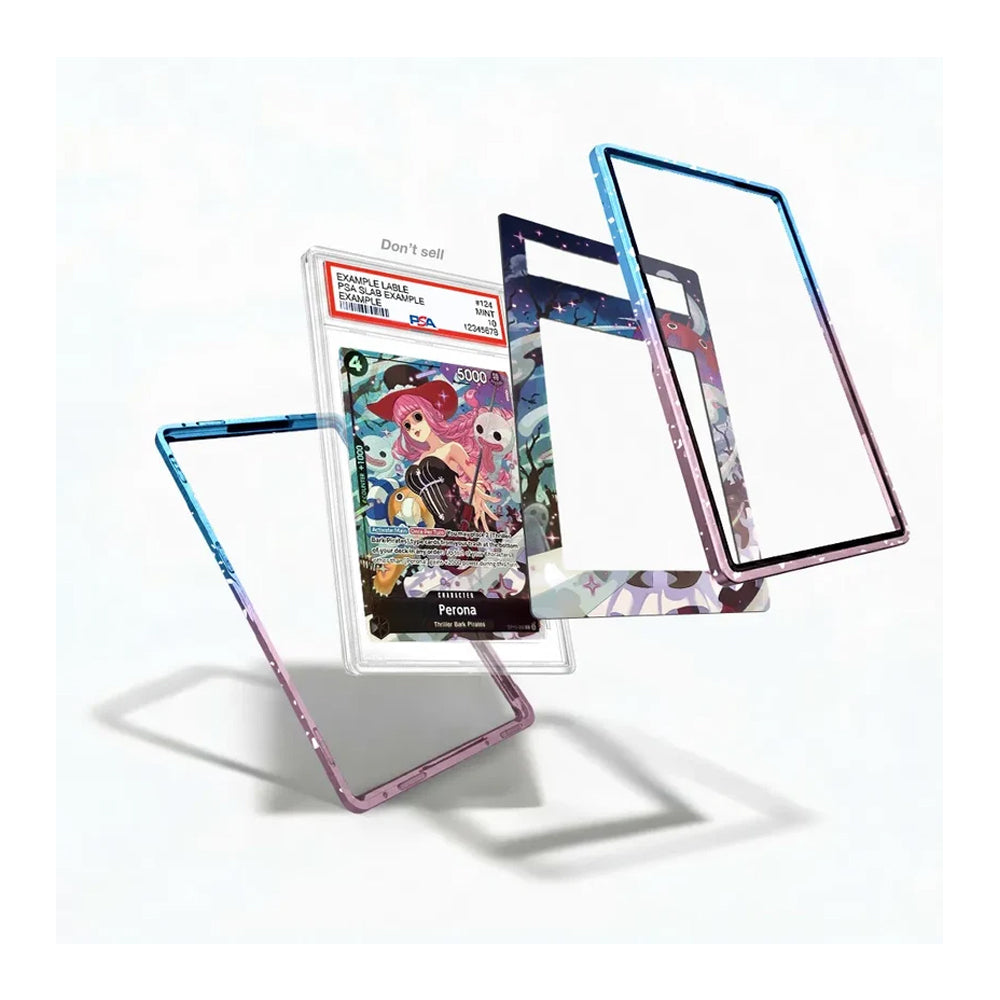 Three clear acrylic card protectors with colorful printed borders are displayed floating around a graded PSA card case on a clean white background.