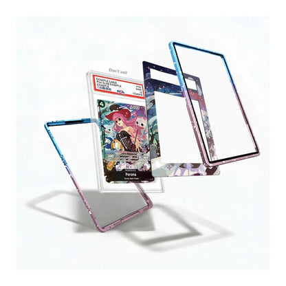 Three clear acrylic card protectors with colorful printed borders are displayed floating around a graded PSA card case on a clean white background.