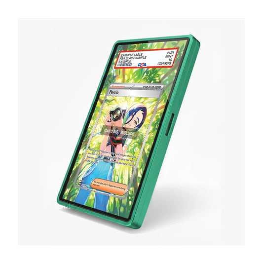 A green protective phone case shown on a smartphone, featuring a sample Pokémon trading card displayed on the screen against a clean white background.