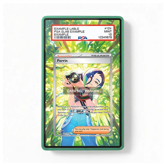 A green protective slab containing a sample Pokémon trading card, shown against a plain white background. The slab has a clear top and bottom and includes a PSA grading label at the top.