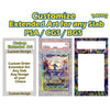 Promotional graphic for custom PSA/CGS/BGS extended art sleeves, showing a PSA certification label example, colorful card artwork, and a blank sleeve template with large white cutout areas on a white background.