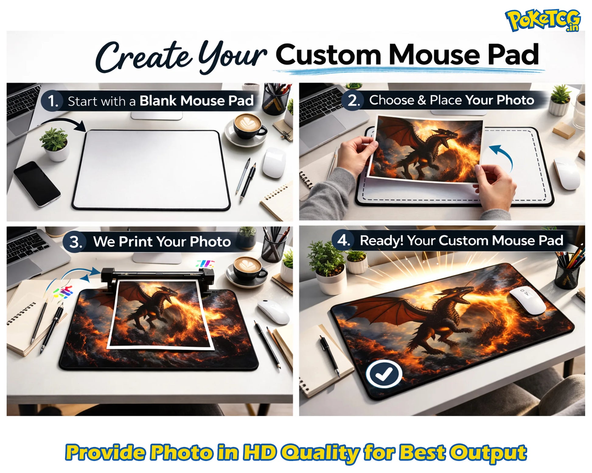 Step-by-step guide to creating a custom mouse pad with photo printing, featuring a Pokémon design.