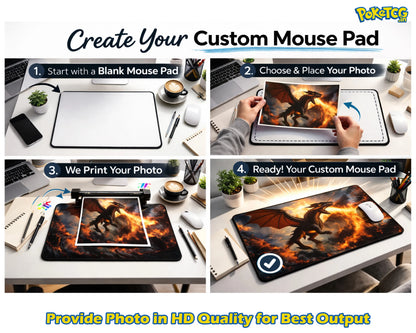 Step-by-step guide to creating a custom mouse pad with photo printing, featuring a Pokémon design.