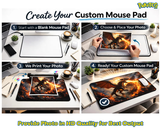 Step-by-step guide to creating a custom mouse pad with photo printing, featuring a Pokémon design.