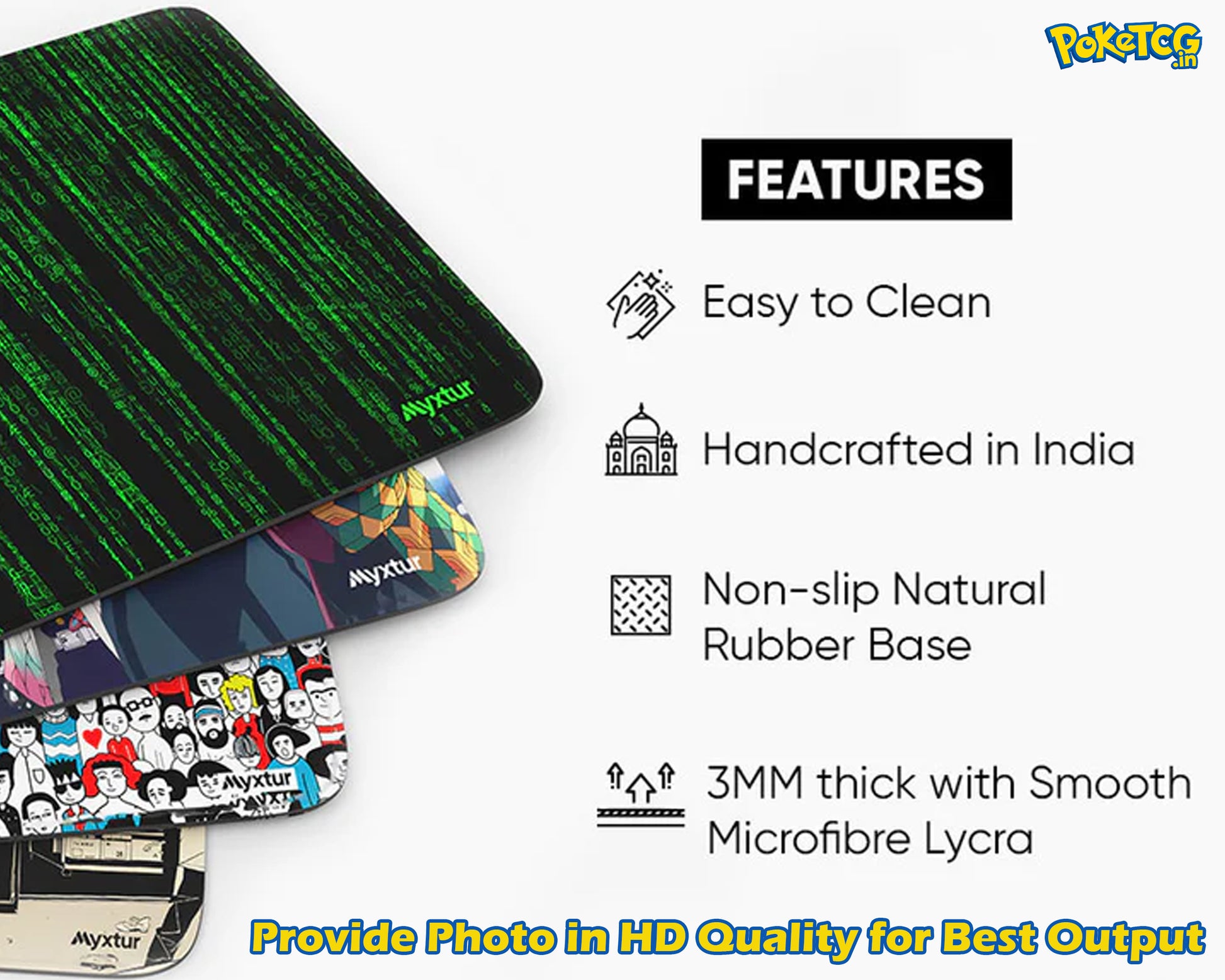 A Pokémon-themed laptop sleeve featuring a green Matrix-style digital rain pattern on a black background, shown alongside other patterned sleeves. The right side of the image contains a white panel with text detailing product features such as easy cleaning, handcrafted in India, non-slip natural rubber base, and 3mm thickness with smooth microfiber lycra.
