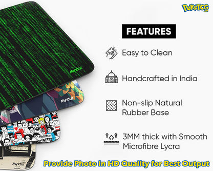 A Pokémon-themed laptop sleeve featuring a green Matrix-style digital rain pattern on a black background, shown alongside other patterned sleeves. The right side of the image contains a white panel with text detailing product features such as easy cleaning, handcrafted in India, non-slip natural rubber base, and 3mm thickness with smooth microfiber lycra.