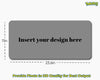 A gray placeholder product mockup with rounded corners on a white background, showing dimension markings of 23.6 in by 11 in and the text 'Insert your design here.