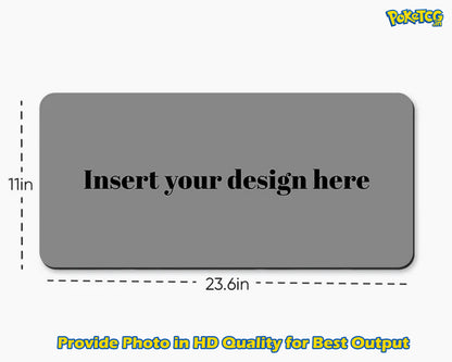 A gray placeholder product mockup with rounded corners on a white background, showing dimension markings of 23.6 in by 11 in and the text 'Insert your design here.