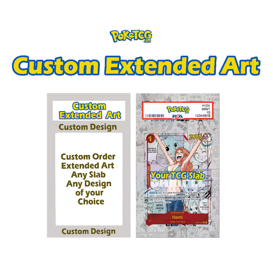 Custom extended art packaging for TCG slabs, featuring a Pokémon logo at the top and a sample illustrated card design on the right, with text indicating custom order options on a white background.