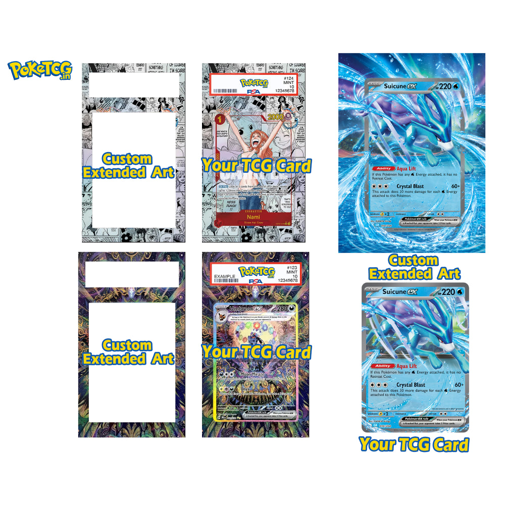 Six mockup panels showing custom Pokémon TCG card frame designs with 'Custom Extended Art' and 'Your TCG Card' text, alongside example blue Pokémon card artwork on a white background.