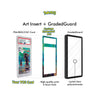 A product diagram showing a TCG art insert and a graded guard set up together. The left side displays a PSA/BGS/CGC graded card in a plastic holder, labeled 'Your TCG Card,' connected by a dotted line to a custom extended art insert with a colorful teal and green border.
