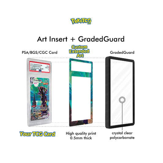 A product diagram showing a TCG art insert and a graded guard set up together. The left side displays a PSA/BGS/CGC graded card in a plastic holder, labeled 'Your TCG Card,' connected by a dotted line to a custom extended art insert with a colorful teal and green border.