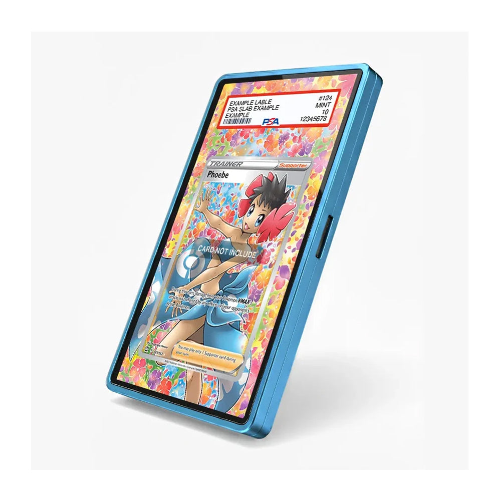 A blue protective smartphone case shown at an angle on a light gray background, with a colorful anime-style screen wallpaper displayed inside the phone.