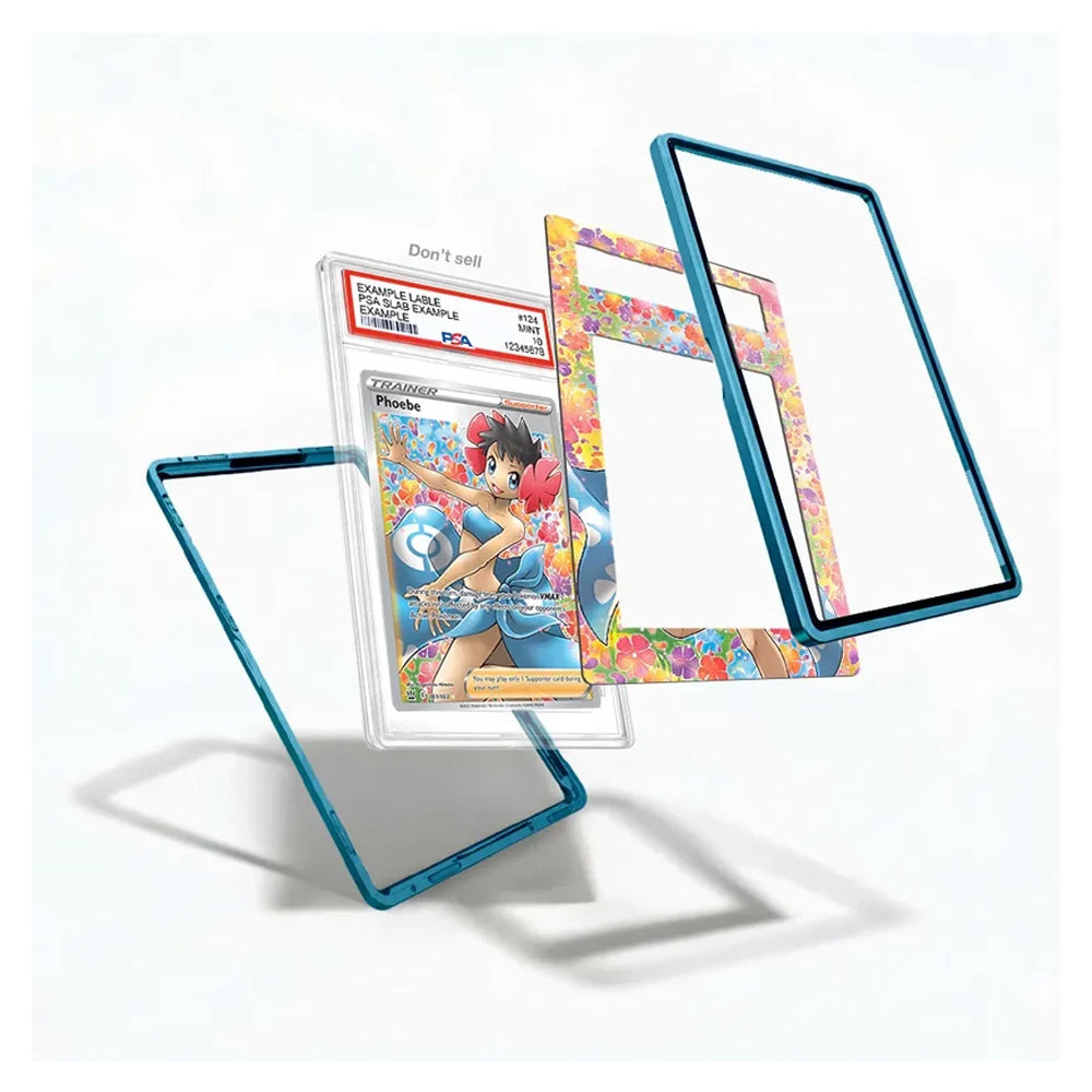 A set of custom protective frames for Pokémon trading cards, shown floating around a graded Samuro card. The frames feature a translucent blue outer border and a colorful floral pattern inner border.