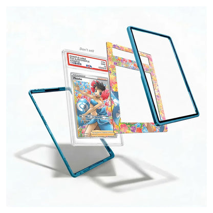 A set of custom protective frames for Pokémon trading cards, shown floating around a graded Samuro card. The frames feature a translucent blue outer border and a colorful floral pattern inner border.