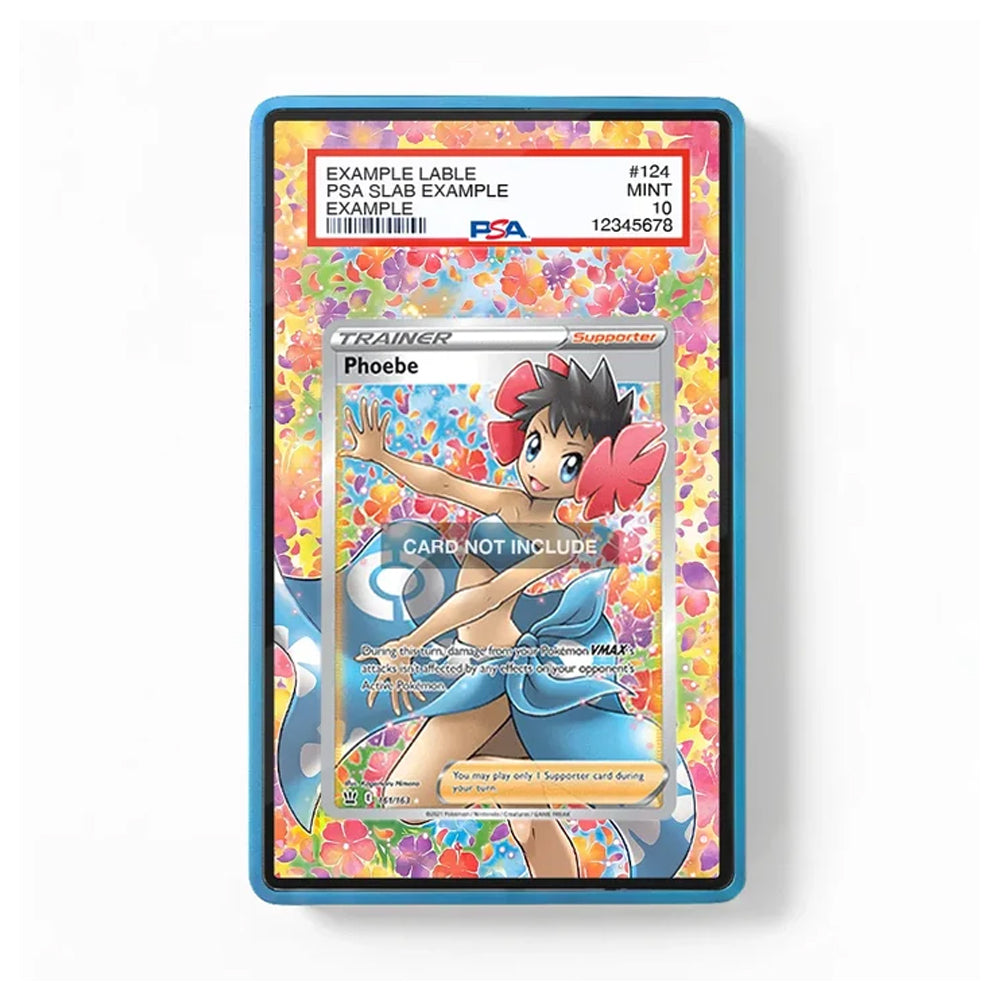 A PSA graded collectible card slab containing a Pokémon Phoebe trainer card, shown against a clean white background. The slab features a vibrant, multicolored floral pattern border, and the inner card has a holographic silver foil with an illustration of Phoebe in a blue dress.