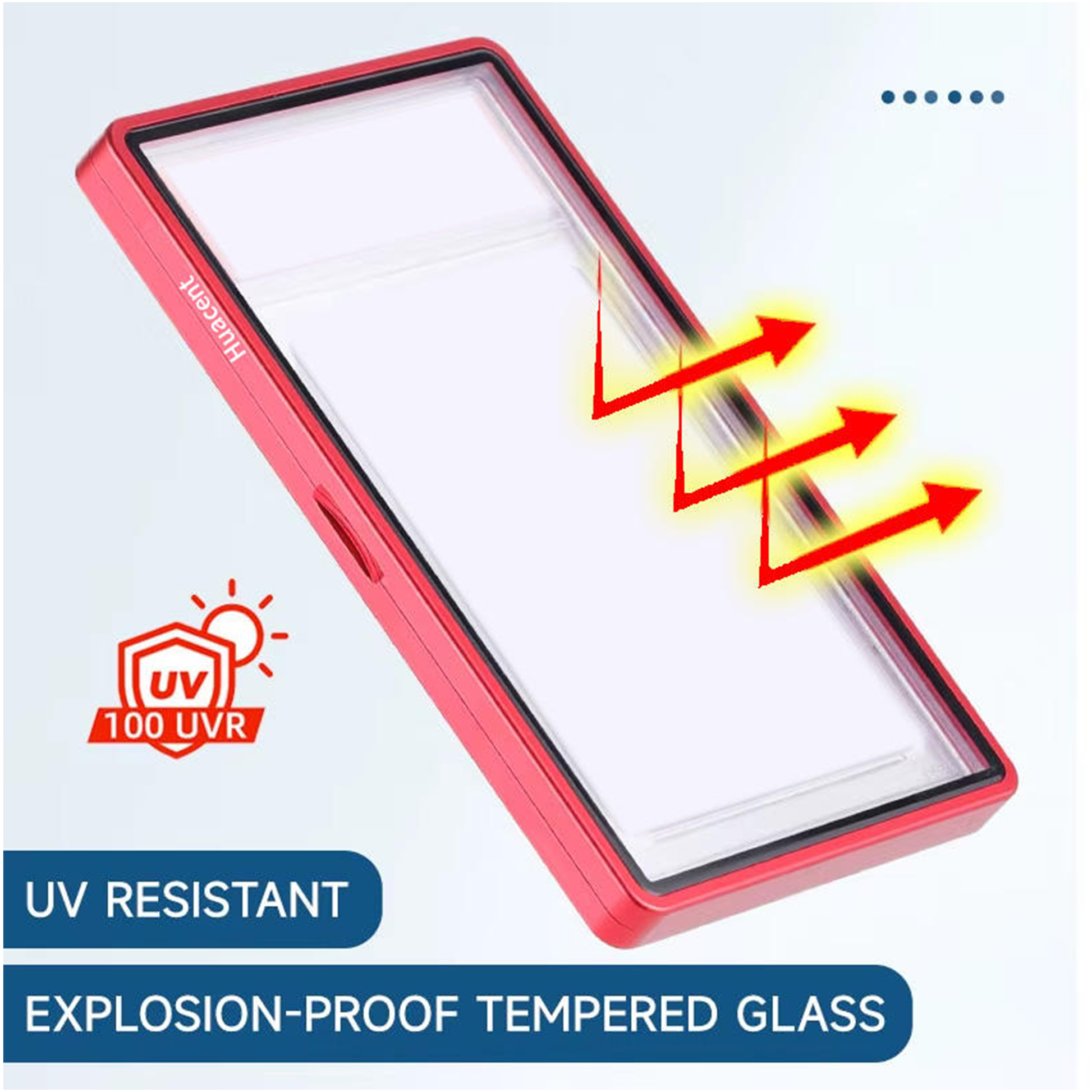 Phone case with UV resistant and explosion-proof tempered glass features on a white background
