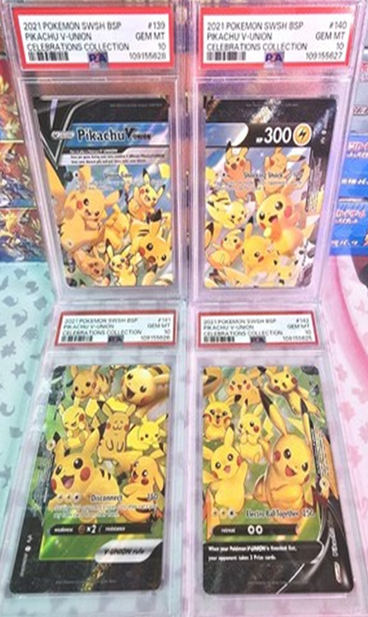 Four Pikachu trading cards in protective sleeves with PSA labels on a pink background.