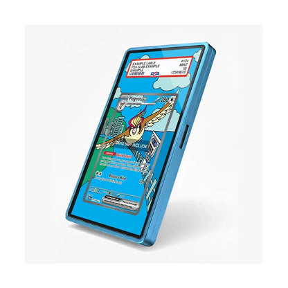 A blue smartphone shown at an angle on a light gray background, with a colorful game-like screen display featuring cartoon bird characters and UI elements.
