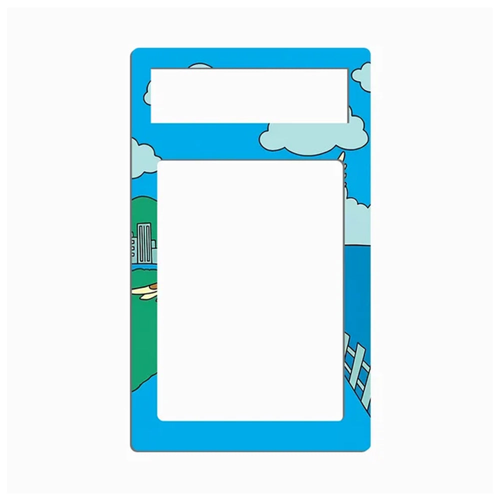A rectangular blue picture frame with rounded corners, featuring a cartoon landscape border with clouds, green hills, and a small building on a white background.