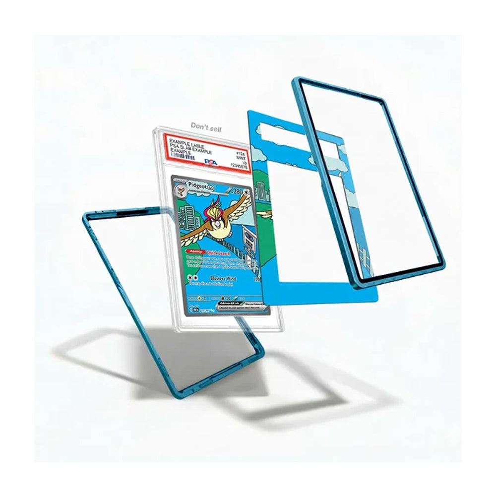 A clear acrylic card protector case with a translucent blue border, shown in multiple angles around a graded Pokémon TCG card. The product is displayed on a clean white background with soft shadows.