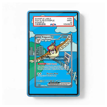 A collectible graded card of Pidgeot from the Pokémon TCG, displayed inside a blue PSA slab. The card is shown with a clear window over a blue and green cityscape background, featuring a PSA grading label at the top.