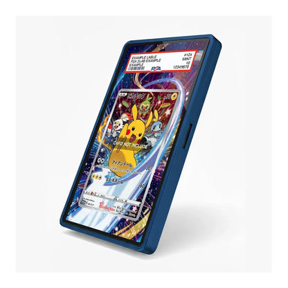 A blue protective cable guard or sleeve shown around a smartphone, with a sample Pokémon trading card graphic displayed on the phone screen. The product is photographed on a clean white background with a soft shadow.