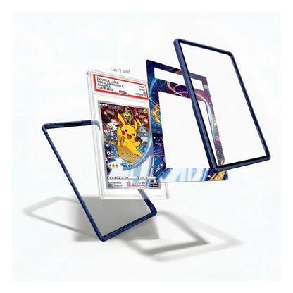 Three clear acrylic card sleeves with dark blue borders are shown floating on a white background, with one sleeve holding a graded Pokémon card featuring Pikachu.