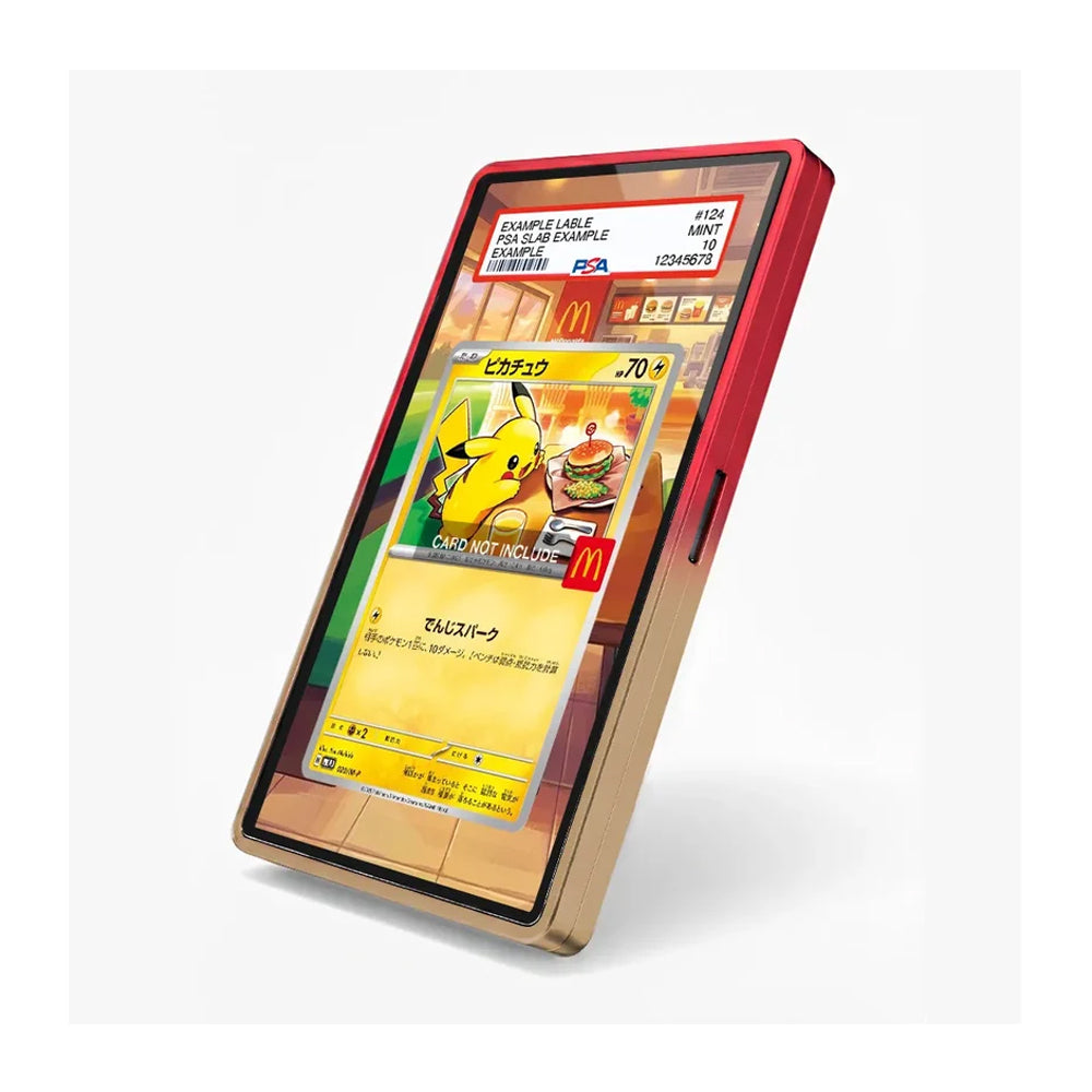 A red and gold Pokémon-themed smartphone case shown at an angle on a light gray background, with a colorful screen displaying a Pokémon card interface.