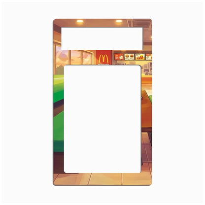 A rectangular magnetic money clip frame featuring a printed illustration of a McDonald's interior, with two blank white slots for inserting coins or cards, shown on a solid white background.