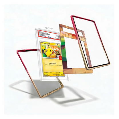 A set of transparent protective card sleeves with colored borders, shown floating around a graded Pokémon TCG card on a clean white background.