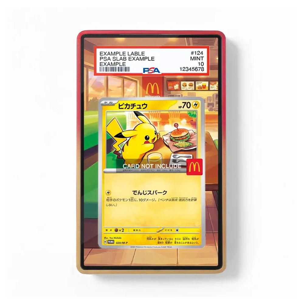 A framed Pokémon trading card featuring Pikachu, displayed on a white background. The card is shown inside a red and gold frame, with a PSA slab label visible at the top.