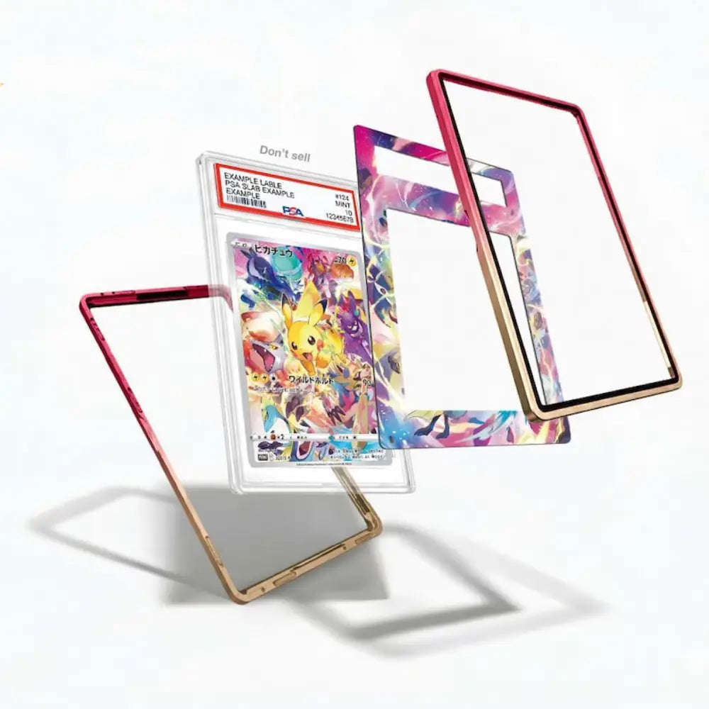 Colorful phone case and screen protector with a trading card on a white background