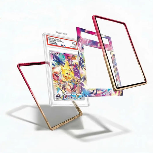 Colorful phone case and screen protector with a trading card on a white background