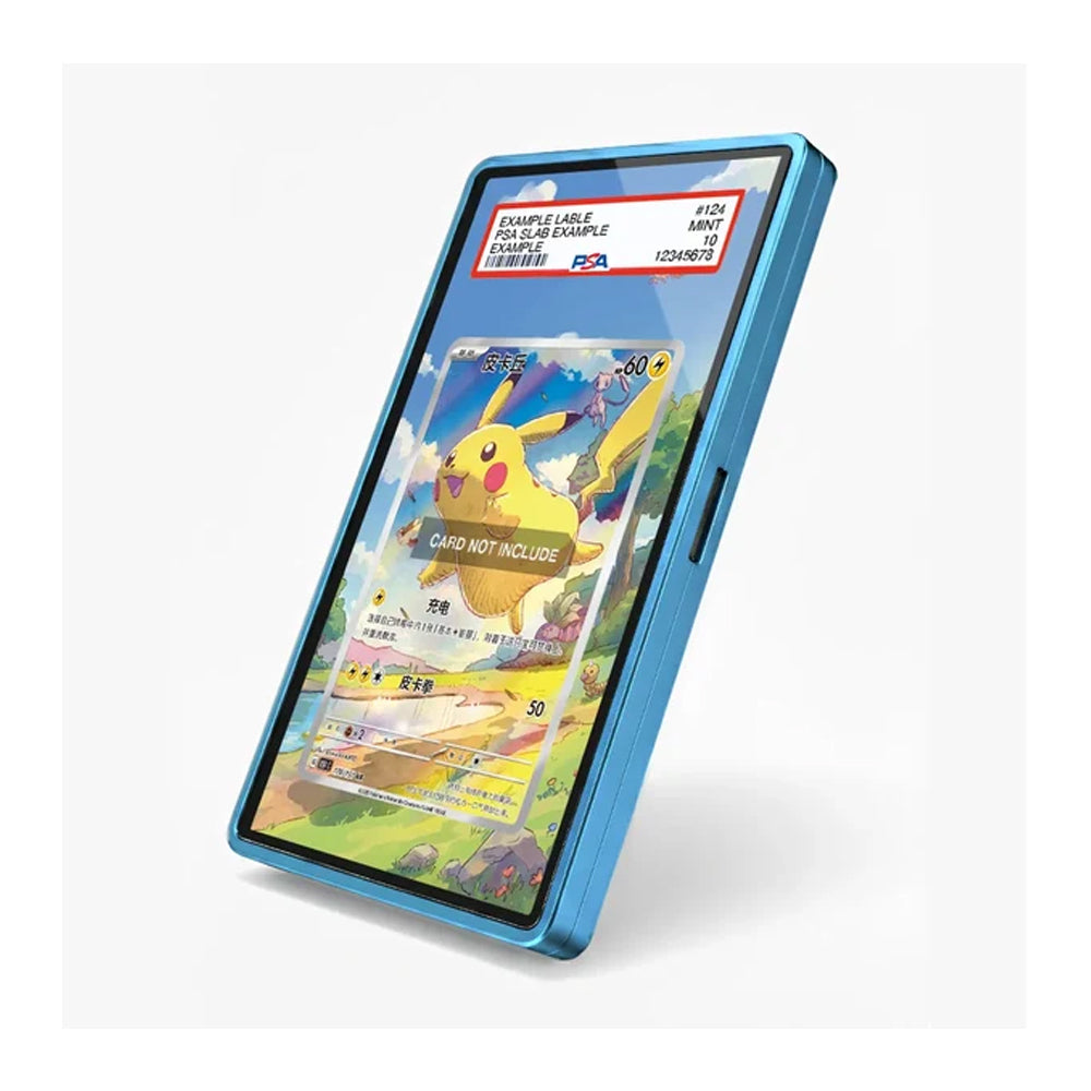 A blue protective phone case shown at an angle on a light gray background, with a sample Pokémon trading card displayed on the screen.