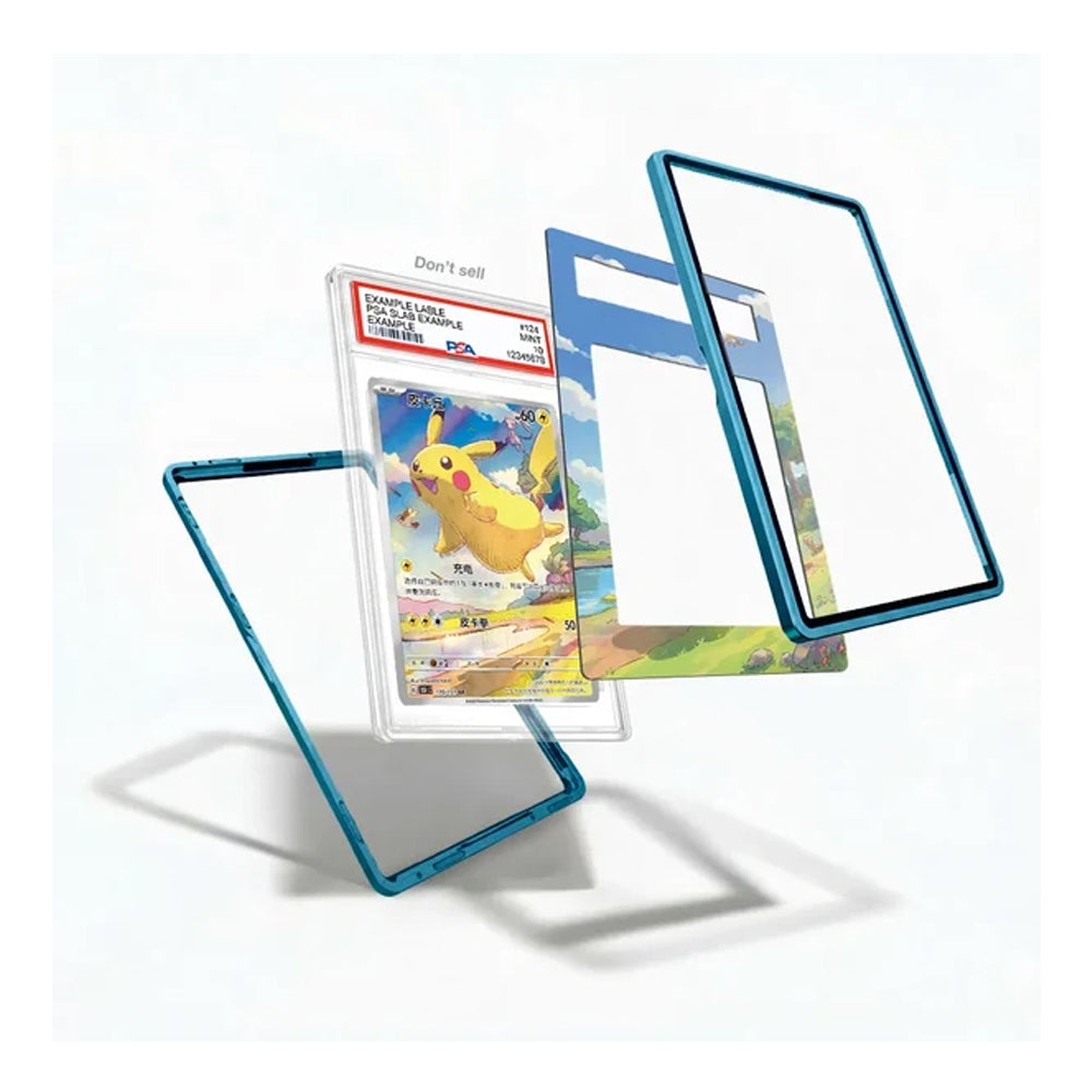 A set of transparent protective card sleeves with bright blue edges, shown floating around a graded Pokémon trading card on a clean white background.