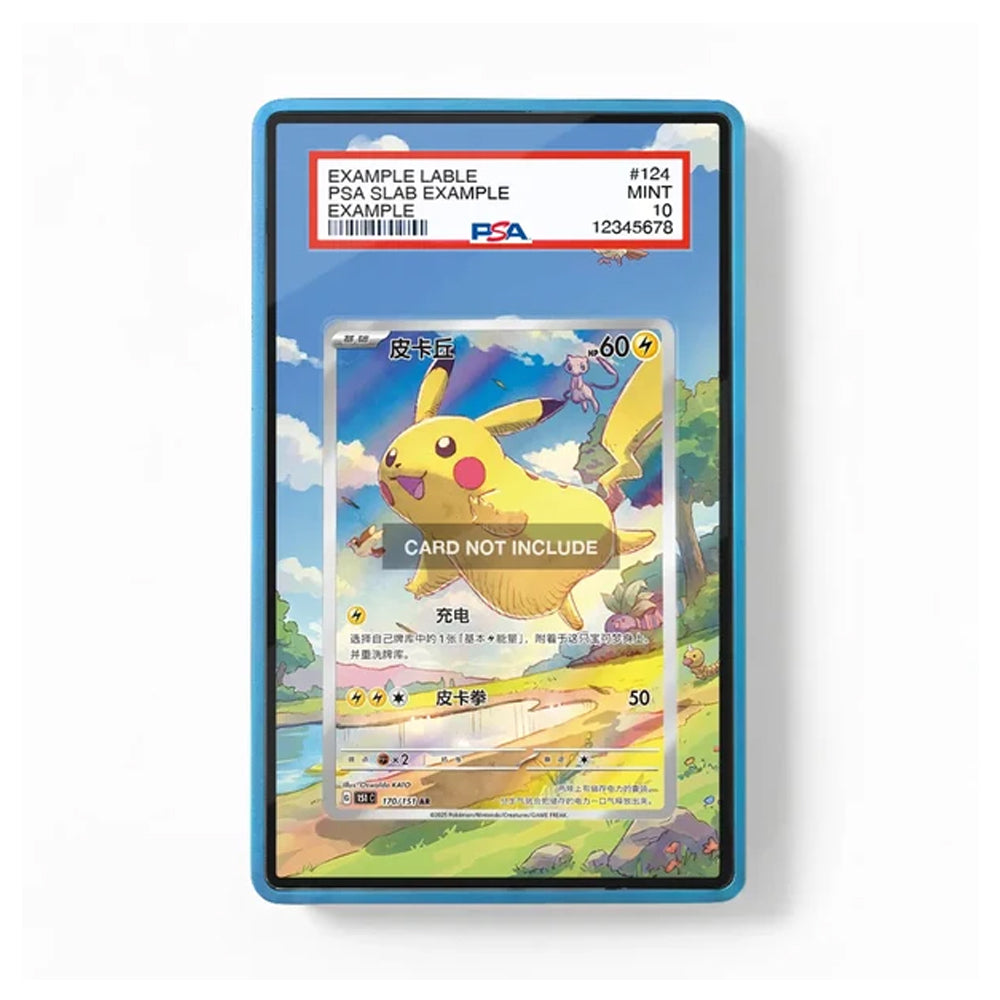 A graded Pokémon trading card in a blue PSA slab, showing a Pikachu card with a PSA slab label at the top. The slab is photographed on a clean white background.