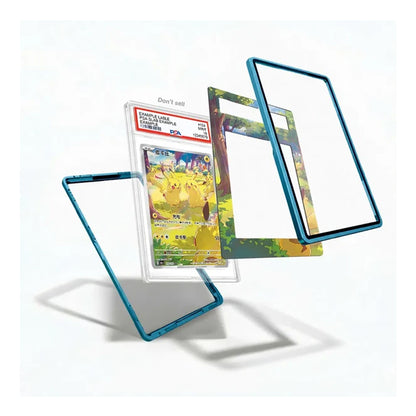 A set of transparent acrylic display frames with metallic blue edges, shown floating around a graded Pokémon TCG card on a clean white background.