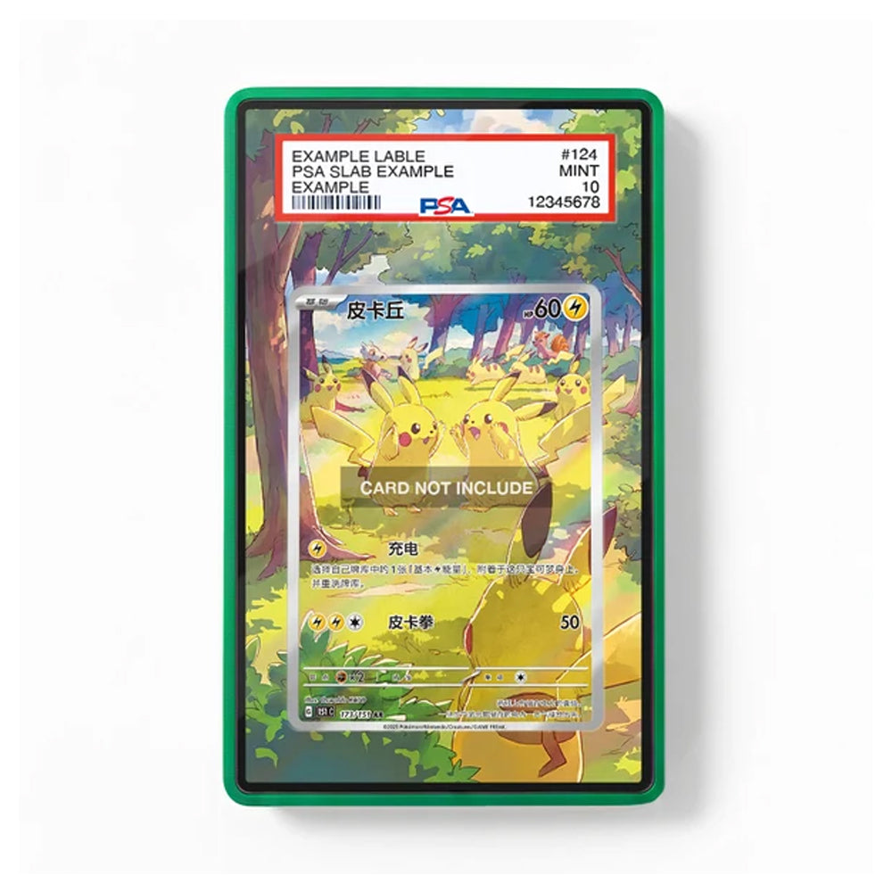A graded Pokémon trading card slab showing a Pikachu card, with a green protective case border and a PSA slab label at the top, photographed on a white background.