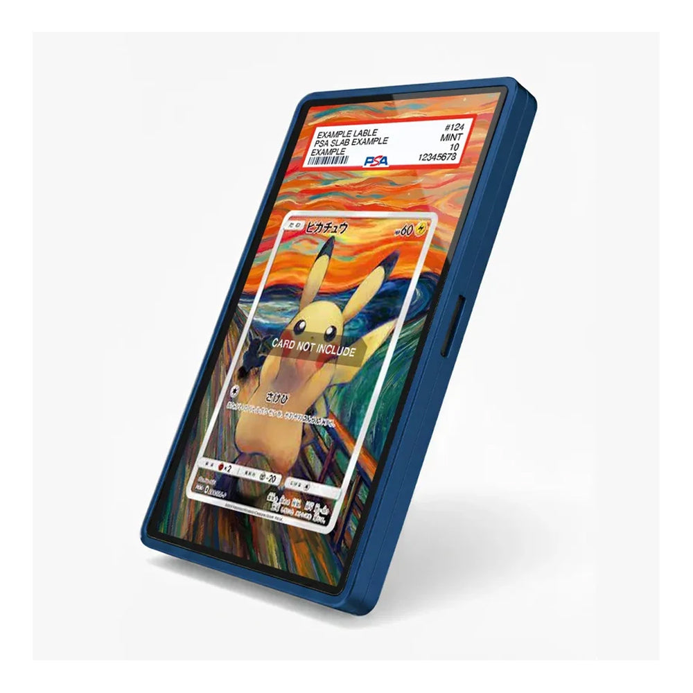 A blue protective phone case shown at an angle on a light gray background, featuring a custom screen overlay with a Pokémon card design and a colorful abstract background.