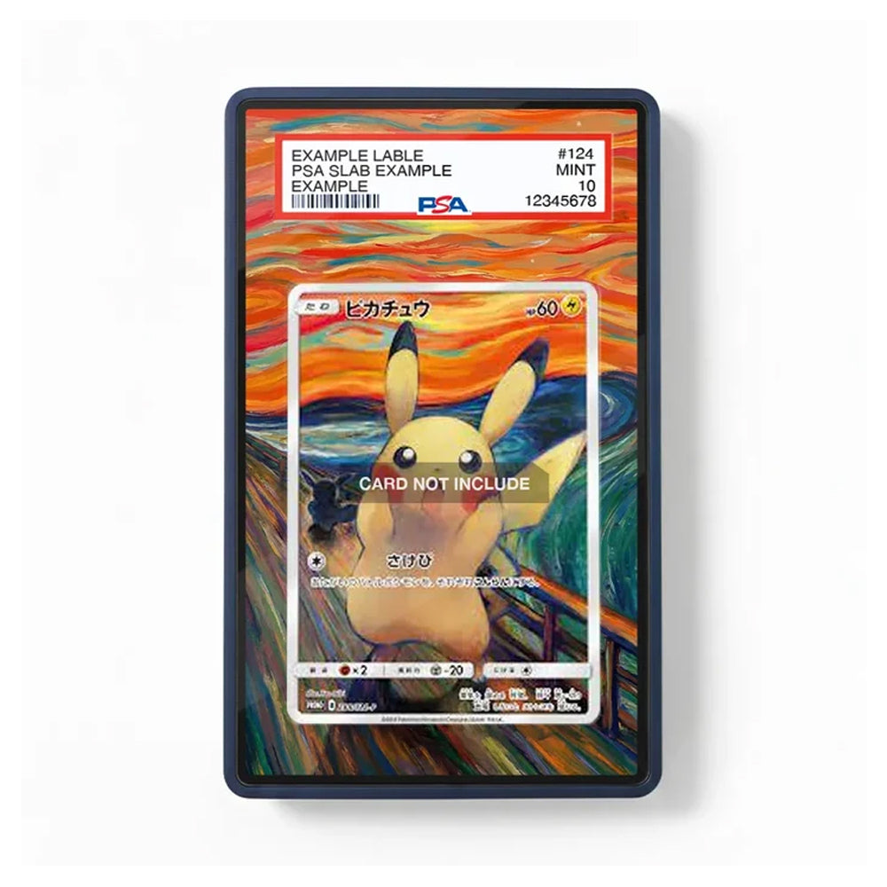 A rectangular PSA-certified slab containing a Pokémon trading card, shown against a plain white background. The slab has a dark blue border and a printed header with certification details.