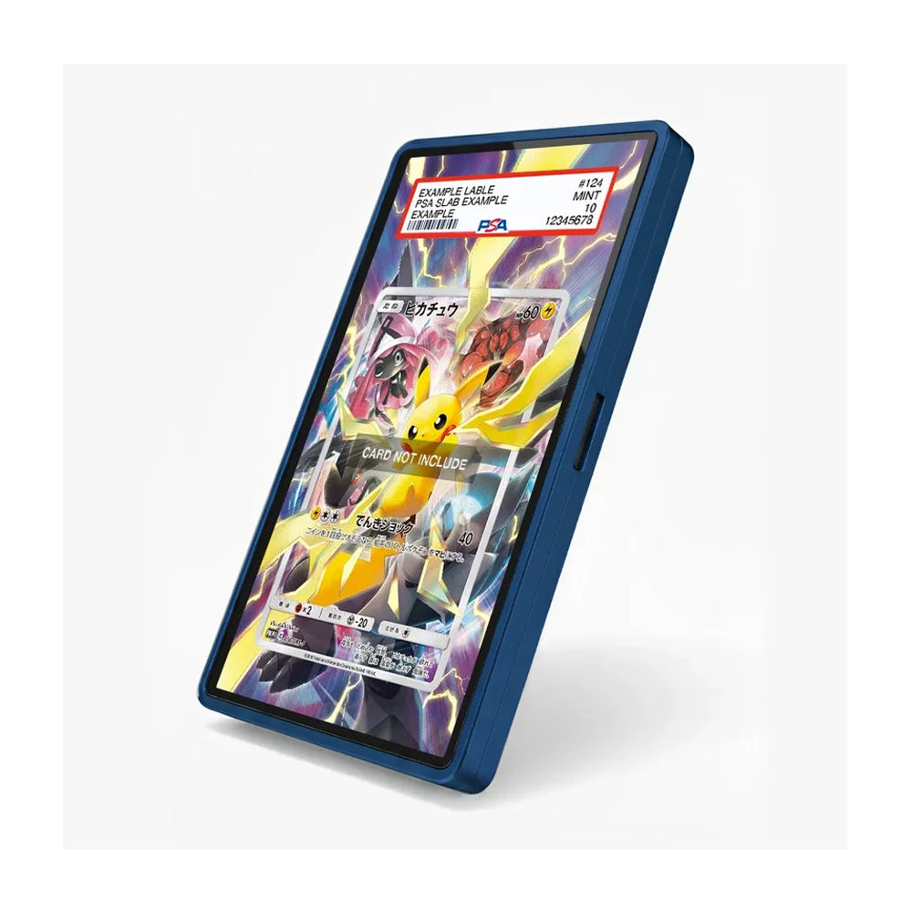 A blue protective phone case shown on a smartphone, featuring a colorful Pokémon trading card game screen with Pikachu and other characters. The case has a side button cutout and is displayed at an angle on a clean white background.