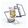 A set of clear acrylic card protectors with dark blue borders, shown floating around a graded Pokémon TCG card in a clear slab on a white background.