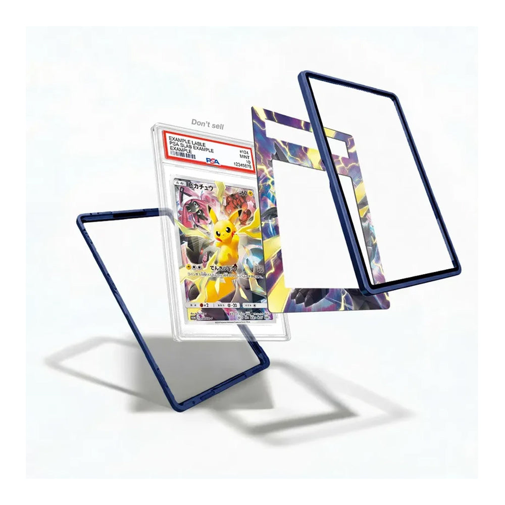 A set of clear acrylic card protectors with dark blue borders, shown floating around a graded Pokémon TCG card in a clear slab on a white background.