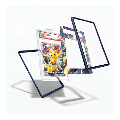A set of clear acrylic card protectors with dark blue borders, shown floating around a graded Pokémon TCG card in a clear slab on a white background.
