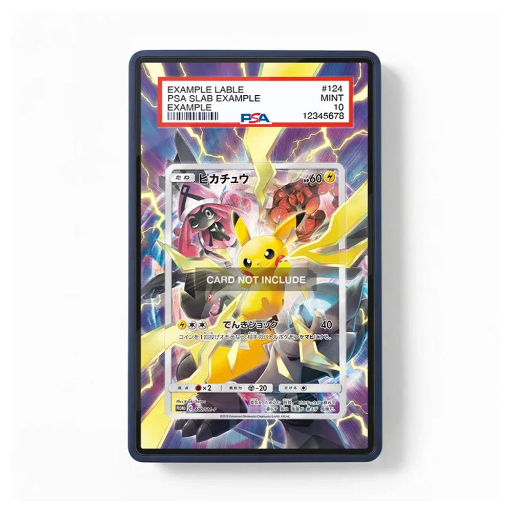 A PSA graded protective card sleeve for a Pokémon TCG card, featuring a colorful illustration of Pikachu and other electric-type Pokémon on a white background.