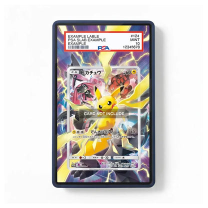 A PSA graded protective card sleeve for a Pokémon TCG card, featuring a colorful illustration of Pikachu and other electric-type Pokémon on a white background.