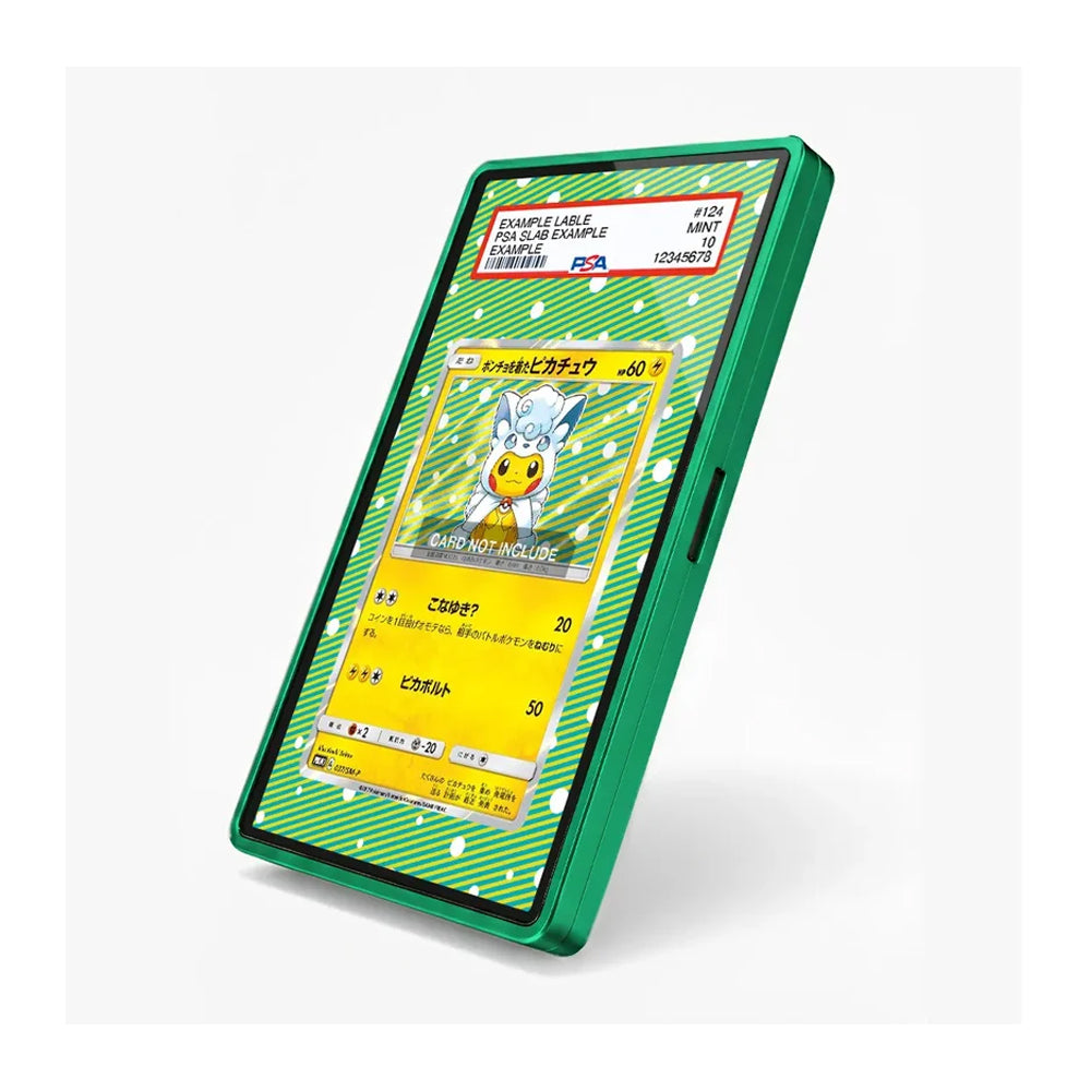 A green protective smartphone case with a Pokémon-themed screen protector displaying a Groudon card, shown on a light gray background.